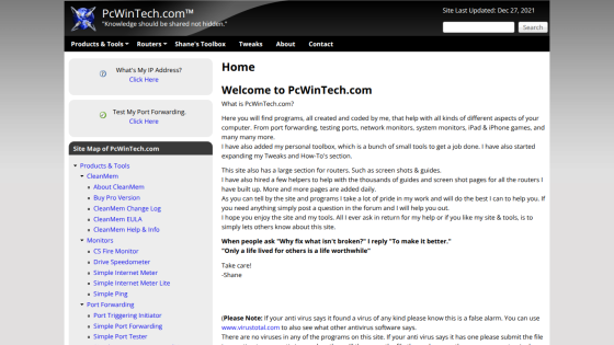 PcWinTech.com homepage with navigation menu, site map, and welcome message describing software tools and router guides.