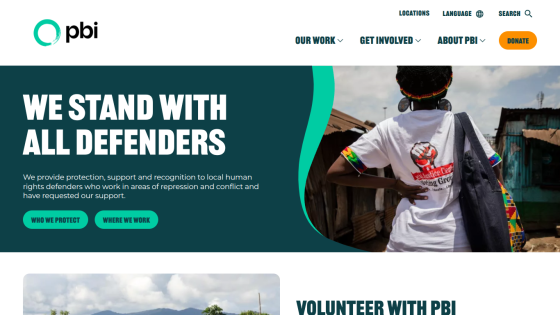 PBI website hero with message supporting human rights defenders and buttons to learn who they protect and where they work