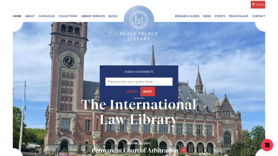 Peace Palace Library homepage with navigation menu, search bar, and headline The International Law Library over a building image