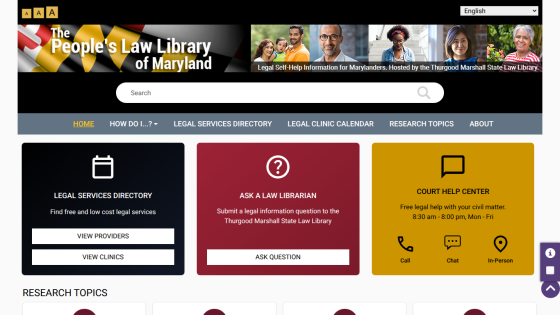 Homepage of the People's Law Library of Maryland featuring legal resources and contact options.