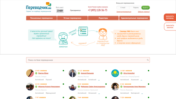 Translation service homepage with user testimonials and contact information.