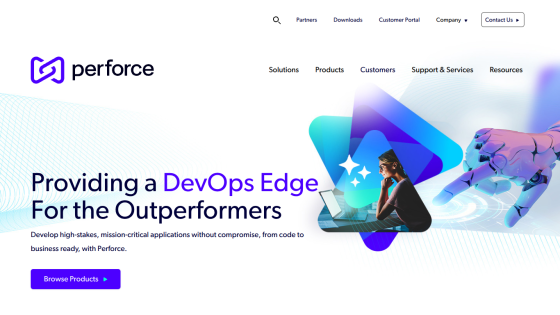 Homepage of Perforce showcasing DevOps solutions with a visual of a person working on a laptop.