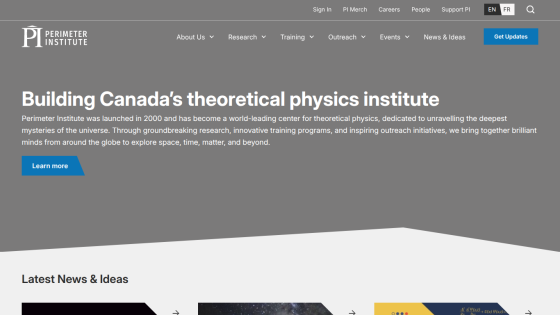 Homepage of the Perimeter Institute showcasing its mission and latest news.