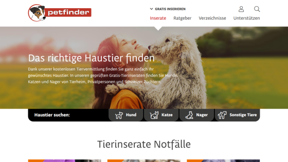 Petfinder homepage in German offering free pet adoption listings with categories for dogs, cats, rodents, and other animals