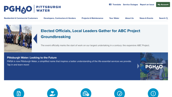 Pittsburgh Water homepage with news on ABC Project groundbreaking and info on Pittsburgh Water rebranding