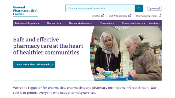 Homepage of the General Pharmaceutical Council highlighting pharmacy care services.