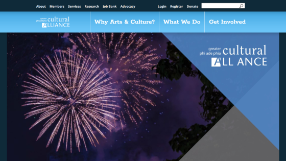 Greater Philadelphia Cultural Alliance website with navigation menu and fireworks background in hero section