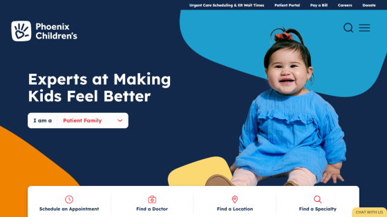 Phoenix Children's website with a smiling child and text about making kids feel better.