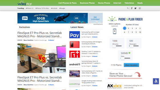 Wirefly homepage with phone plans navigation, trending topics, news articles, and a phone & plan finder tool