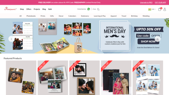 Photojaanic homepage with International Men's Day sale banner and featured photo products with discounts