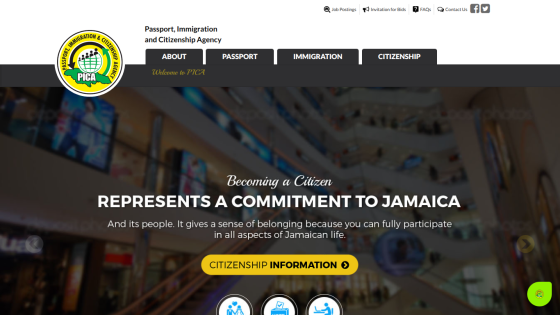 Passport, Immigration and Citizenship Agency homepage with navigation and citizenship commitment message