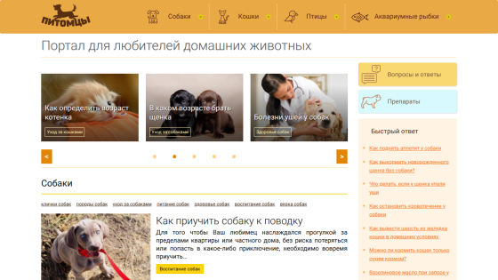 Homepage of a pet portal featuring articles and images of pets.