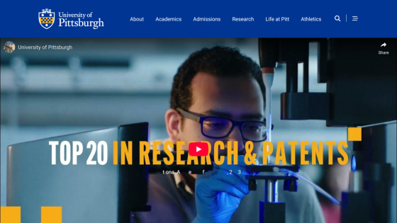 University of Pittsburgh homepage highlighting top research and patents with a video link.