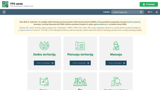 TPS vartai website with navigation, search bar, and service options for territory monitoring, planning, and measurement