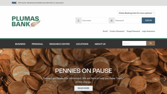 Plumas Bank homepage with login form and hero promoting Positive Pay service to protect businesses from check fraud.
