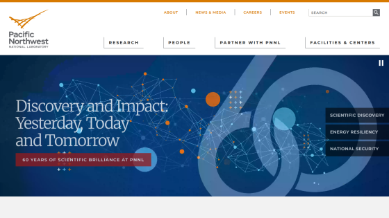 Homepage of Pacific Northwest National Laboratory highlighting discovery and impact.
