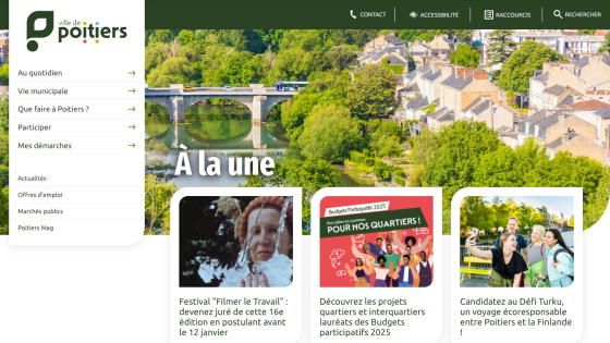 City of Poitiers website with navigation menu, hero image of a bridge over a river, and news highlights about local events and participatory budgets