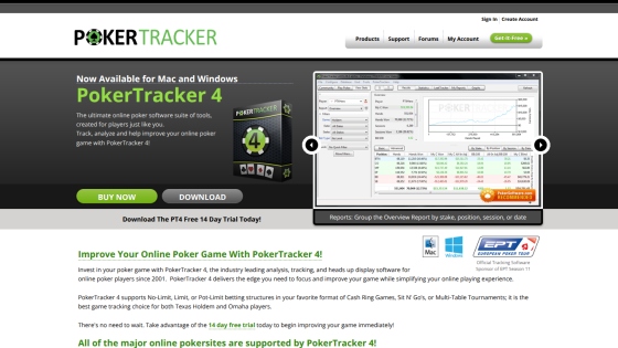 PokerTracker website homepage showing PokerTracker 4 software with download and buy options and feature highlights