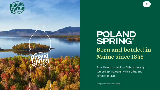 Poland Spring water brand with scenic lake and forest background, highlighting its origin in Maine since 1845