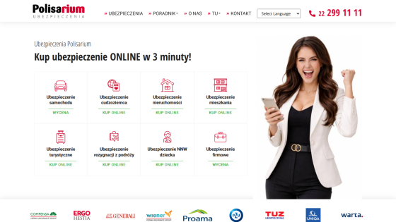 Insurance services offered online with a call to action to buy in 3 minutes.
