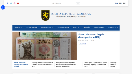 Poliția Republicii Moldova website with news on illegal gambling discovered in Bălți and navigation menu