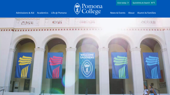 Pomona College homepage featuring colorful banners and navigation links.