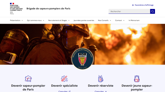 Brigade de sapeurs-pompiers de Paris recruitment and information site with firefighter hero image and navigation menu
