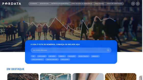 Website header with navigation menu and a hero section featuring a search bar for data categories like population and inflation