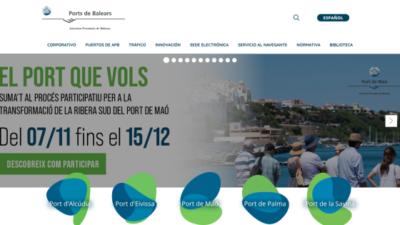 Ports de Balears website promoting participation in the transformation of the south shore of Port de Maó from 07/11 to 15/12