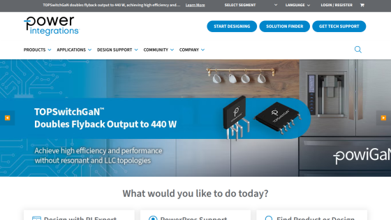 Power Integrations homepage featuring TOPSwitchGaN product announcement and navigation options.