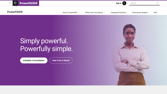 PowerFAIDS homepage with headline 'Simply powerful. Powerfully simple.' and buttons to schedule consultation or hear from a school