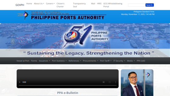 Philippine Ports Authority website with navigation menu, hero image celebrating 51 years, and tagline sustaining the legacy