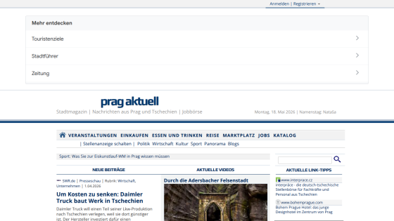 Homepage of Prag Aktuell featuring news categories and a highlighted article.