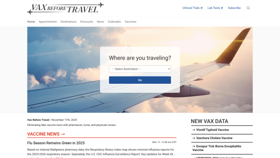 Vax Before Travel website with navigation, a travel destination selector, and vaccine news about flu season 2025