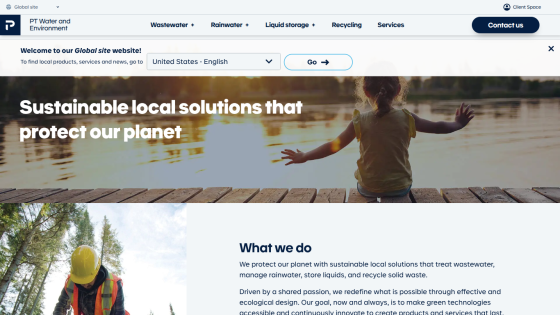 Premier Tech Global site homepage with navigation and hero text about sustainable local solutions protecting the planet