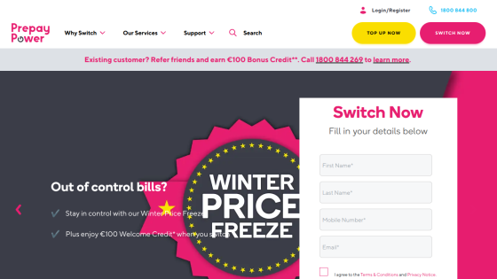 Prepay Power homepage with Winter Price Freeze offer and a form to switch now by filling in personal details