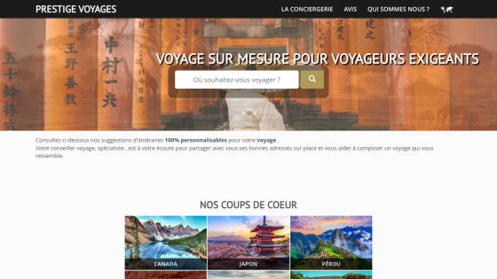 Prestige Voyages website with custom travel search bar and featured destinations Canada, Japan, Peru.