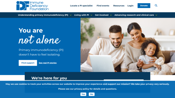 Immune Deficiency Foundation homepage with navigation, support button, and hero section promoting primary immunodeficiency awareness