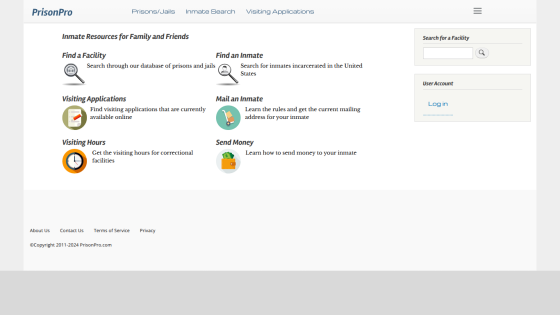 PrisonPro homepage offering inmate resources including finding facilities, inmates, visiting applications, mailing, and sending money