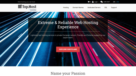Web hosting service homepage featuring a tagline and call-to-action button.