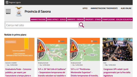Homepage of Provincia di Savona with news highlights and search bar.