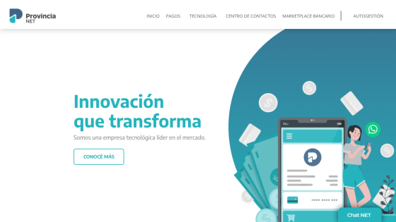 Homepage of a tech company featuring a headline about innovation and a smartphone illustration with a chat button