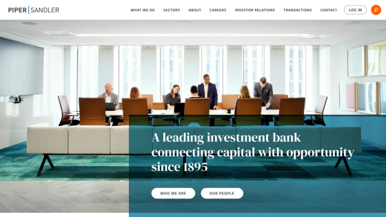 Investment bank homepage with tagline connecting capital with opportunity since 1895 and navigation menu