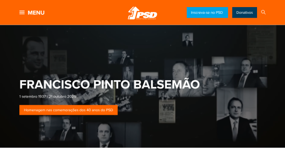 Homepage hero section honoring Francisco Pinto Balsemão with dates and PSD 40 years commemoration