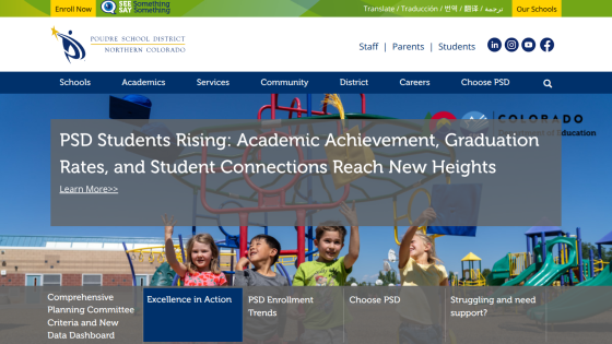 PSD Enrollment Trends section with children playing and key navigation links.