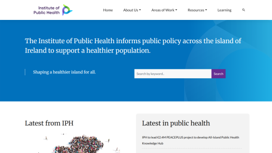 Institute of Public Health homepage with mission statement and search bar for public health resources