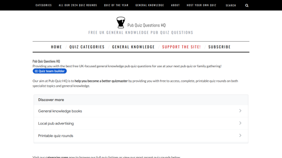 Homepage of Pub Quiz Questions HQ with categories and support options visible.