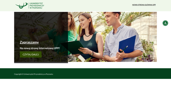 University homepage with a hero image of three people holding notebooks and text inviting to the new UPP website