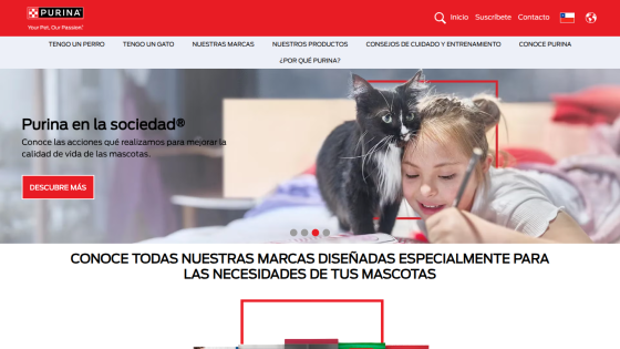 Purina pet care website with navigation, a girl drawing with a cat, and a call to action about improving pet quality of life