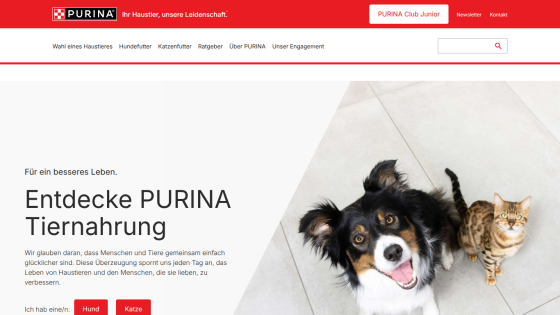 Purina website hero section with navigation bar, headline about better life, and image of a dog